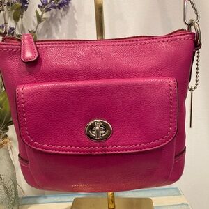 Coach Park Leather Swingpack Crossbody Bag Rasberry with Guitar Strap Berry